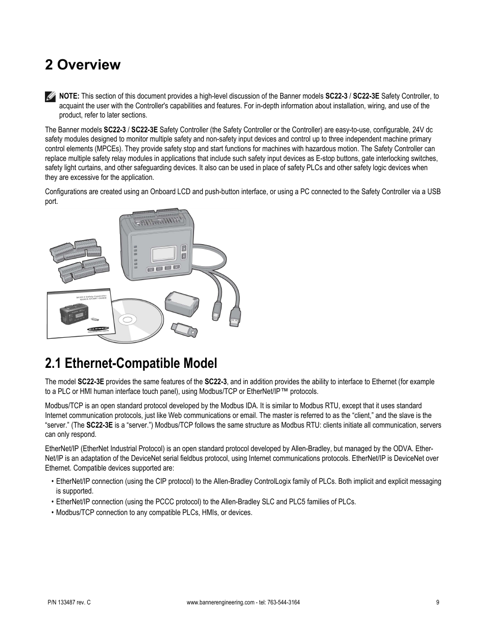 2 overview, 1 ethernet-compatible model | Banner SC22-3E Safety Controller with Ethernet User Manual | Page 9 / 130