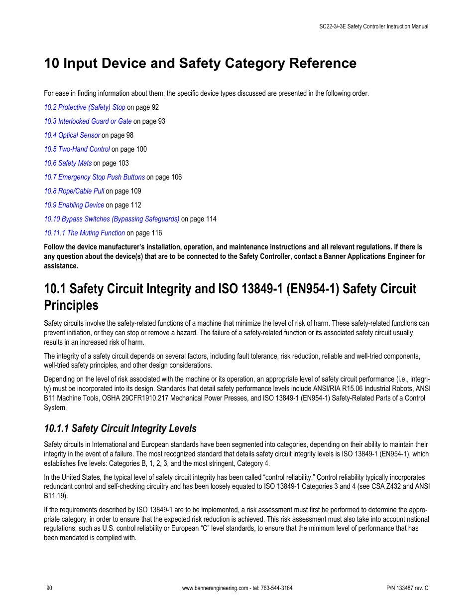 10 input device and safety category reference, 1 safety circuit integrity levels, 10 input device and | Safety category reference, Refer to section, 10 input, Device and safety category reference | Banner SC22-3E Safety Controller with Ethernet User Manual | Page 90 / 130