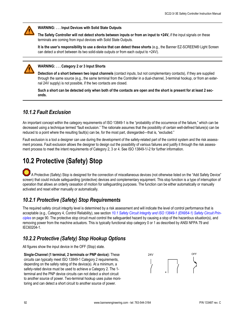 2 fault exclusion, 2 protective (safety) stop, 1 protective (safety) stop requirements | 2 protective (safety) stop hookup options | Banner SC22-3E Safety Controller with Ethernet User Manual | Page 92 / 130