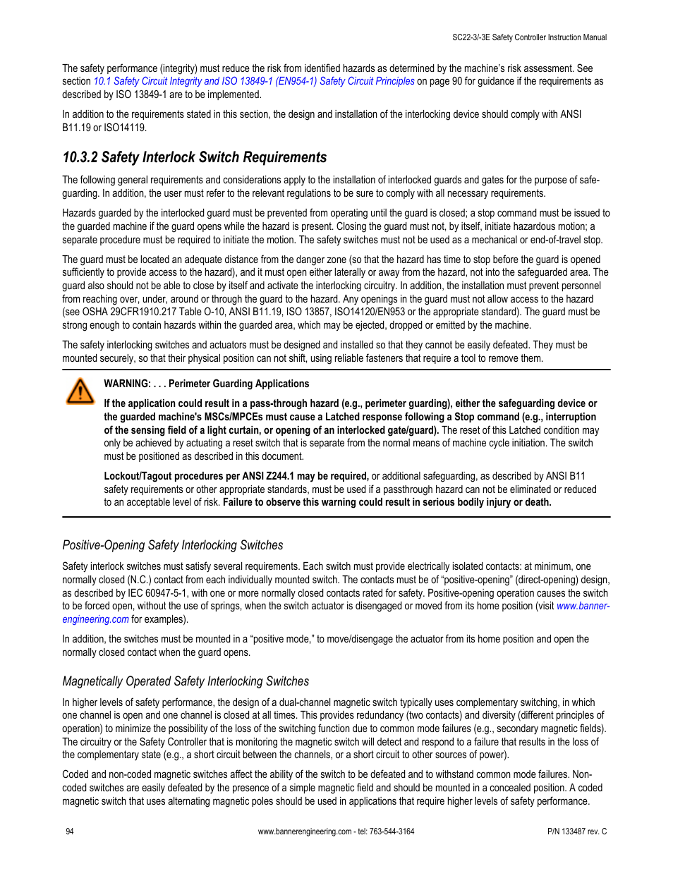 2 safety interlock switch requirements, Positive-opening safety interlocking switches, Magnetically operated safety interlocking switches | Banner SC22-3E Safety Controller with Ethernet User Manual | Page 94 / 130