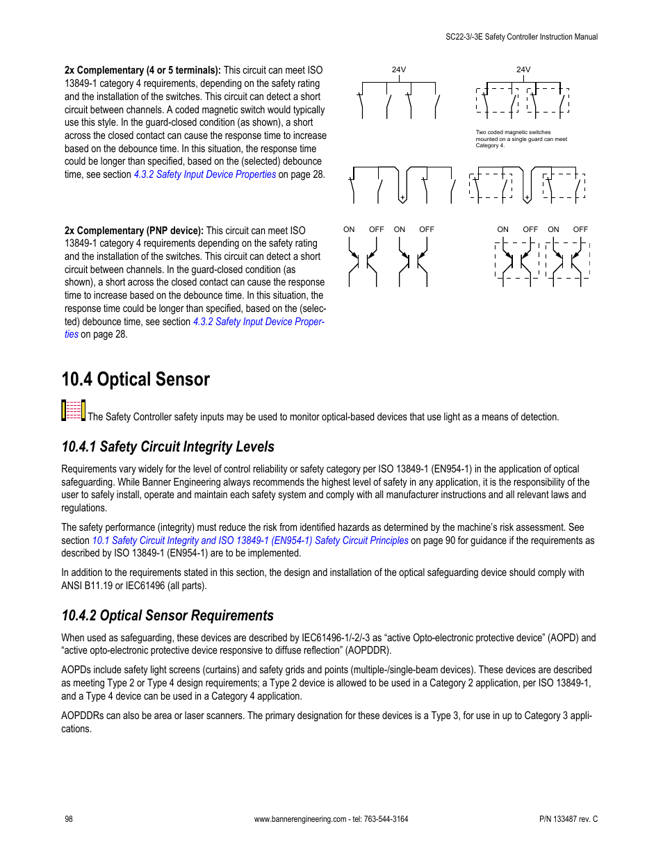 4 optical sensor, 1 safety circuit integrity levels, 2 optical sensor requirements | Banner SC22-3E Safety Controller with Ethernet User Manual | Page 98 / 130