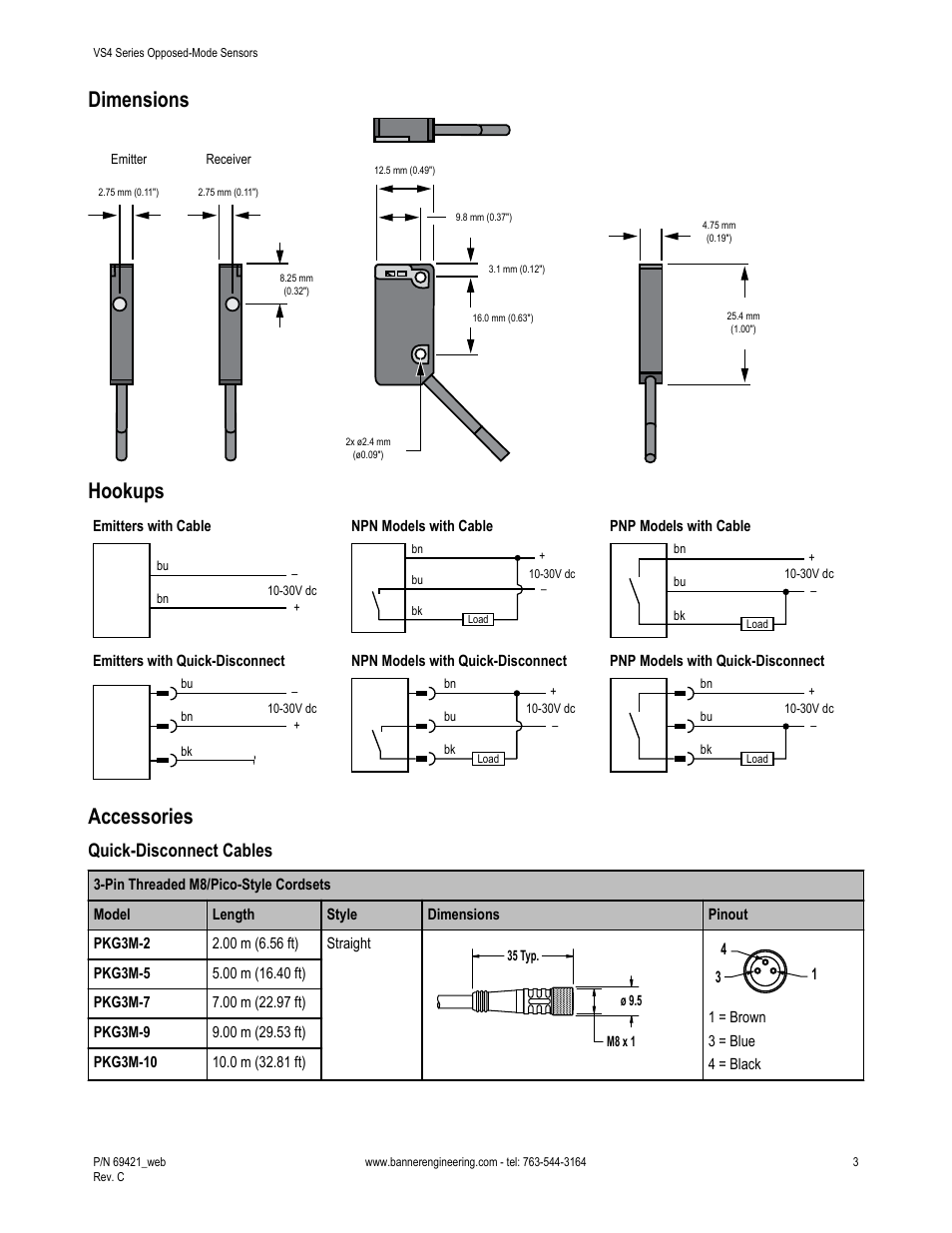 Dimensions, Accessories, Quick-disconnect cables | Hookups | Banner VS4 Series User Manual | Page 3 / 4