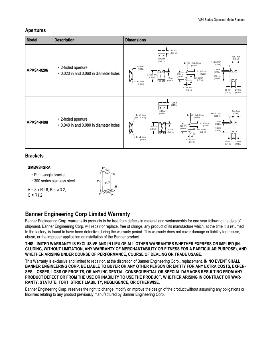 Apertures, Brackets, Banner engineering corp limited warranty | Banner VS4 Series User Manual | Page 4 / 4