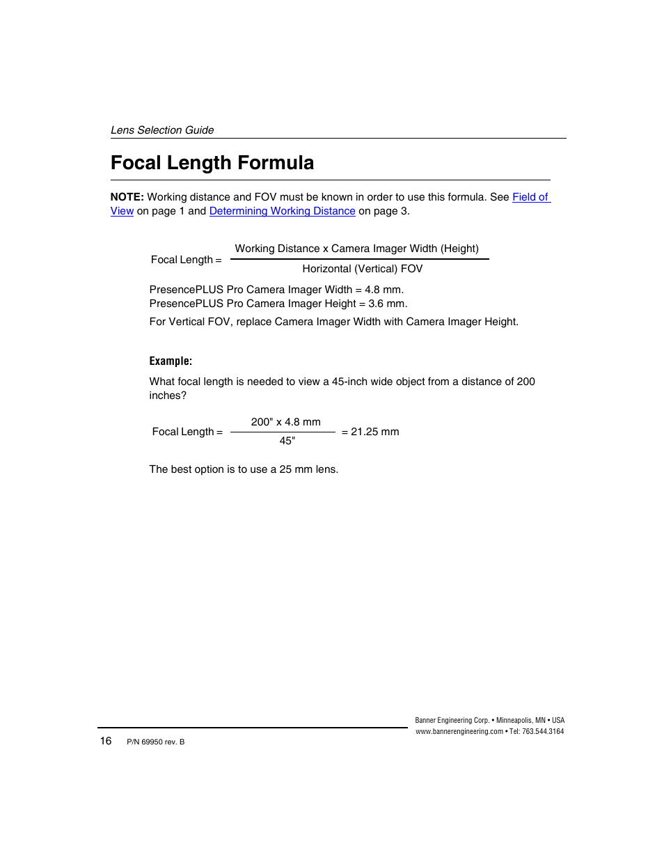 Focal length formula | Banner PresencePLUS Megapixel C-Mount Lenses User Manual | Page 19 / 24