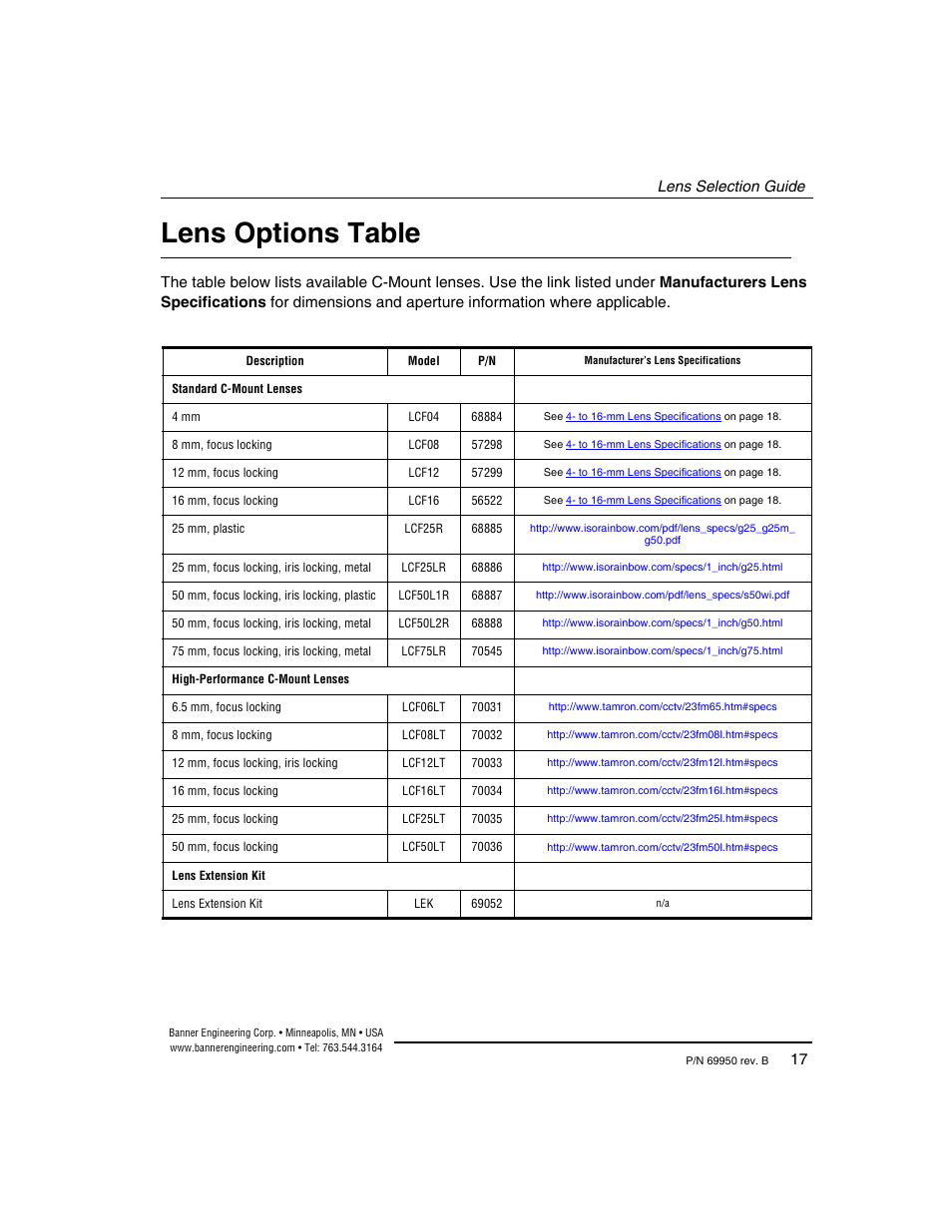 Lens options table | Banner PresencePLUS Megapixel C-Mount Lenses User Manual | Page 20 / 24