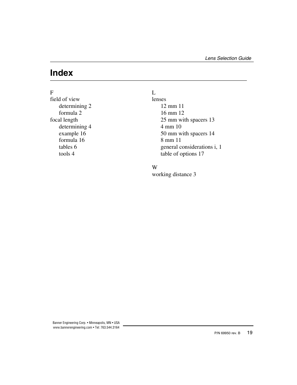 Index | Banner PresencePLUS Megapixel C-Mount Lenses User Manual | Page 22 / 24