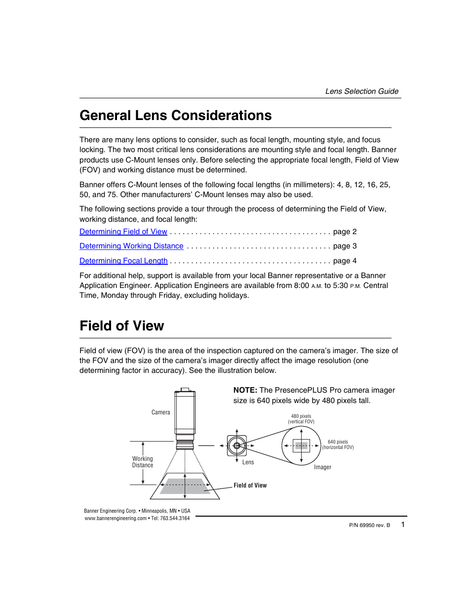 Considerations, Field of view, General lens considerations field of view | General lens considerations | Banner PresencePLUS Megapixel C-Mount Lenses User Manual | Page 4 / 24