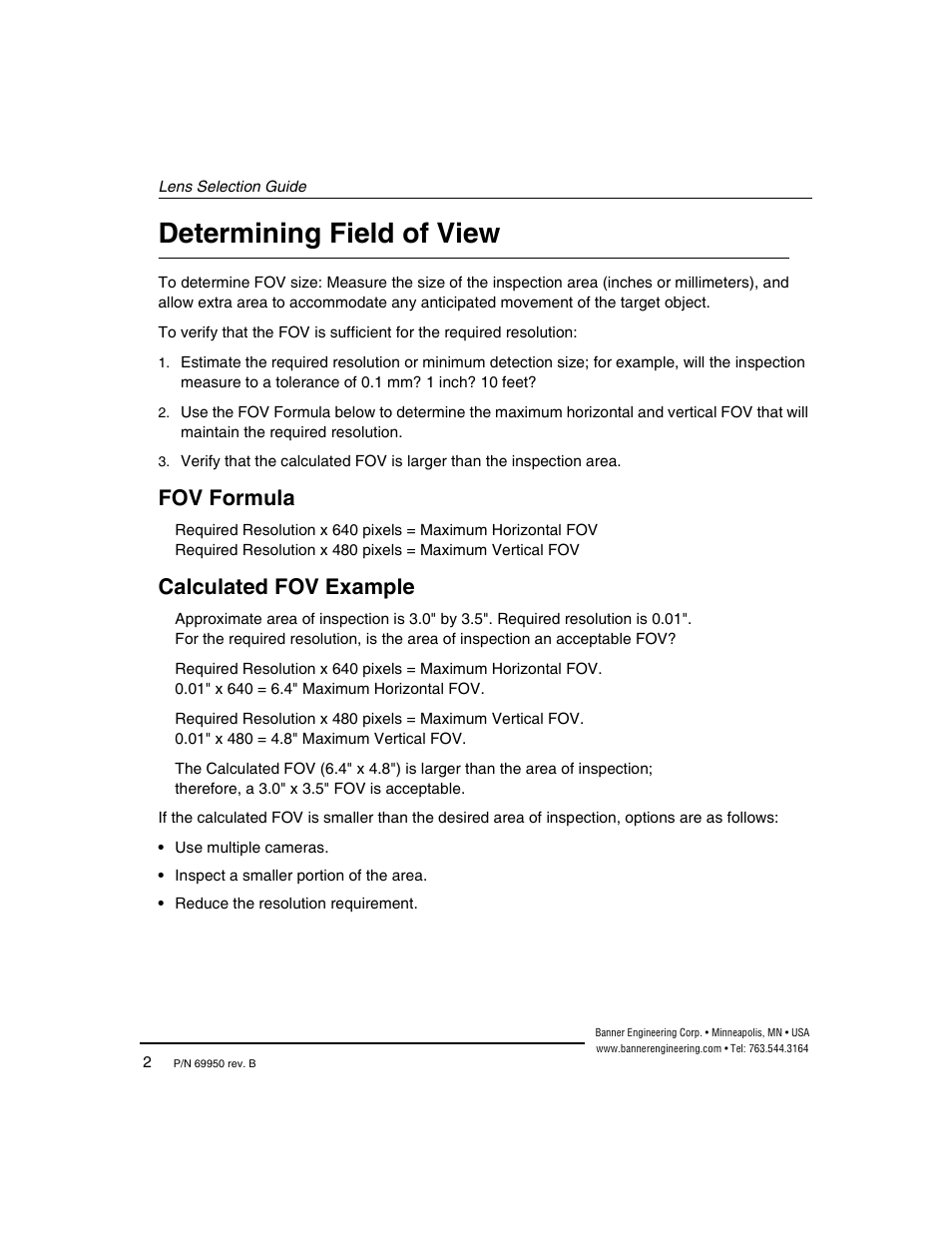 Determining field of view, Fov formula, Calculated fov example | Fov formula calculated fov example | Banner PresencePLUS Megapixel C-Mount Lenses User Manual | Page 5 / 24