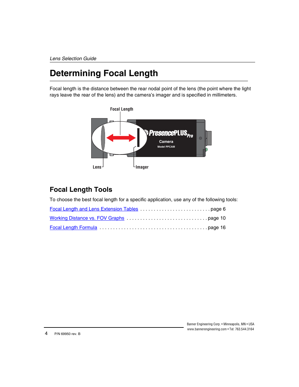 Determining focal length, Focal length tools | Banner PresencePLUS Megapixel C-Mount Lenses User Manual | Page 7 / 24