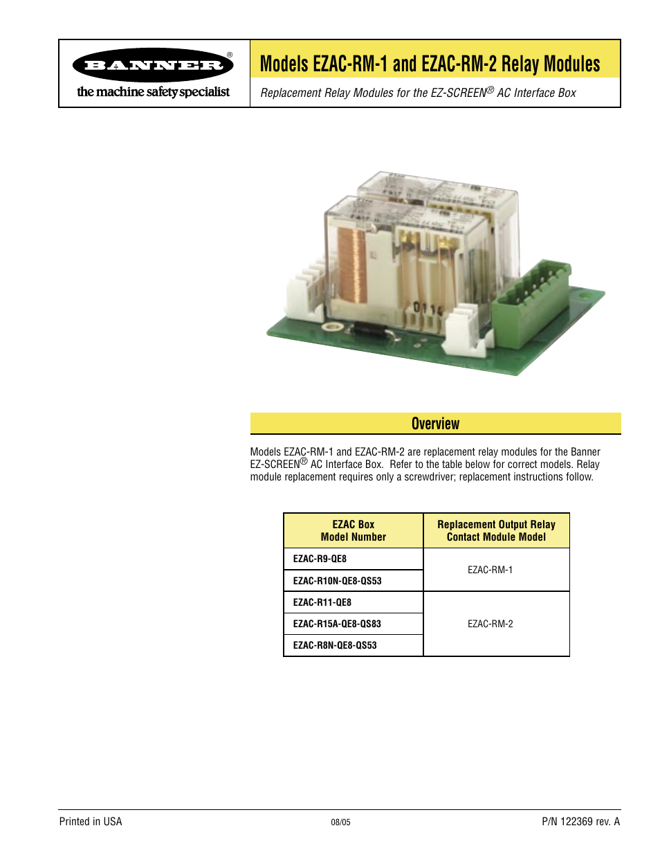 Banner EZ-SCREEN­ Safety Light Curtain Systems User Manual | 2 pages