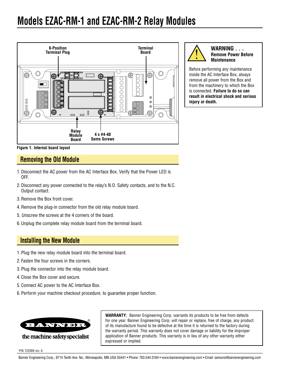 Models ezac-rm-1 and ezac-rm-2 relay modules, Removing the old module, Installing the new module | Banner EZ-SCREEN­ Safety Light Curtain Systems User Manual | Page 2 / 2