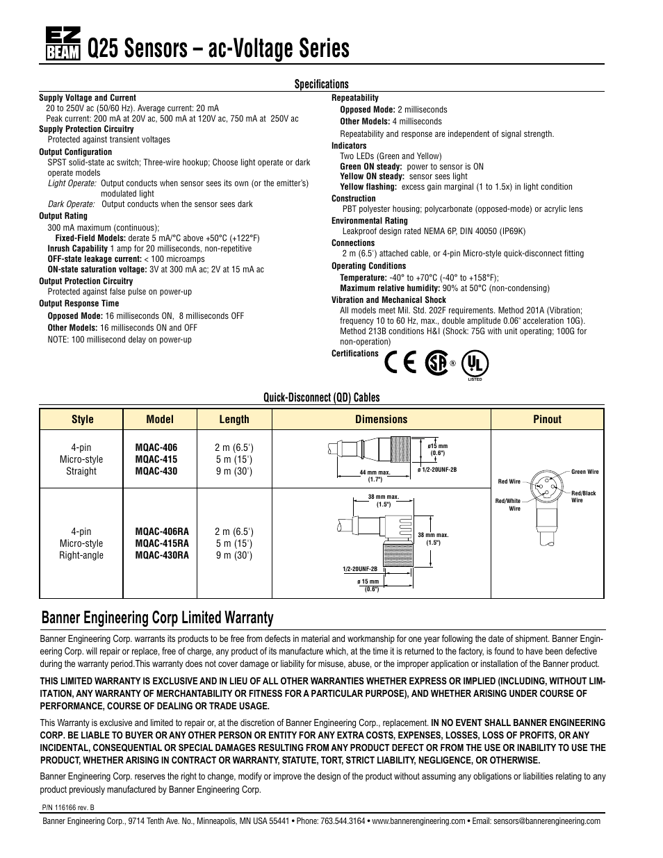 Q25 sensors – ac-voltage series, Banner engineering corp limited warranty, Speciﬁcations | Quick-disconnect (qd) cables | Banner Q25 Series User Manual | Page 2 / 2