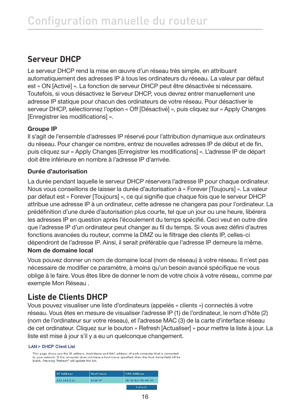 Configuration manuelle du routeur, Serveur dhcp, Liste de clients dhcp | Belkin F5D7632EA4A User Manual | Page 102 / 504