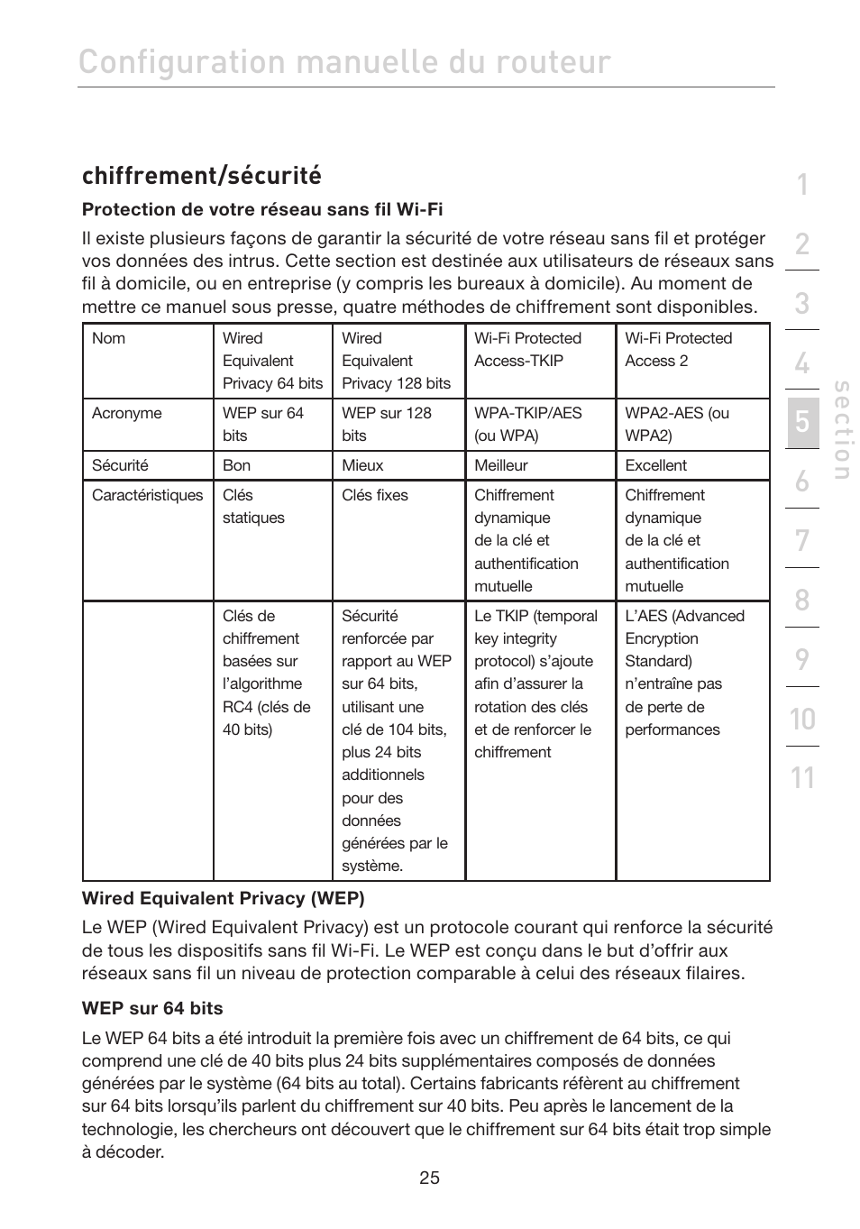 Configuration manuelle du routeur, Se ct io n, Chiffrement/sécurité | Belkin F5D7632EA4A User Manual | Page 111 / 504