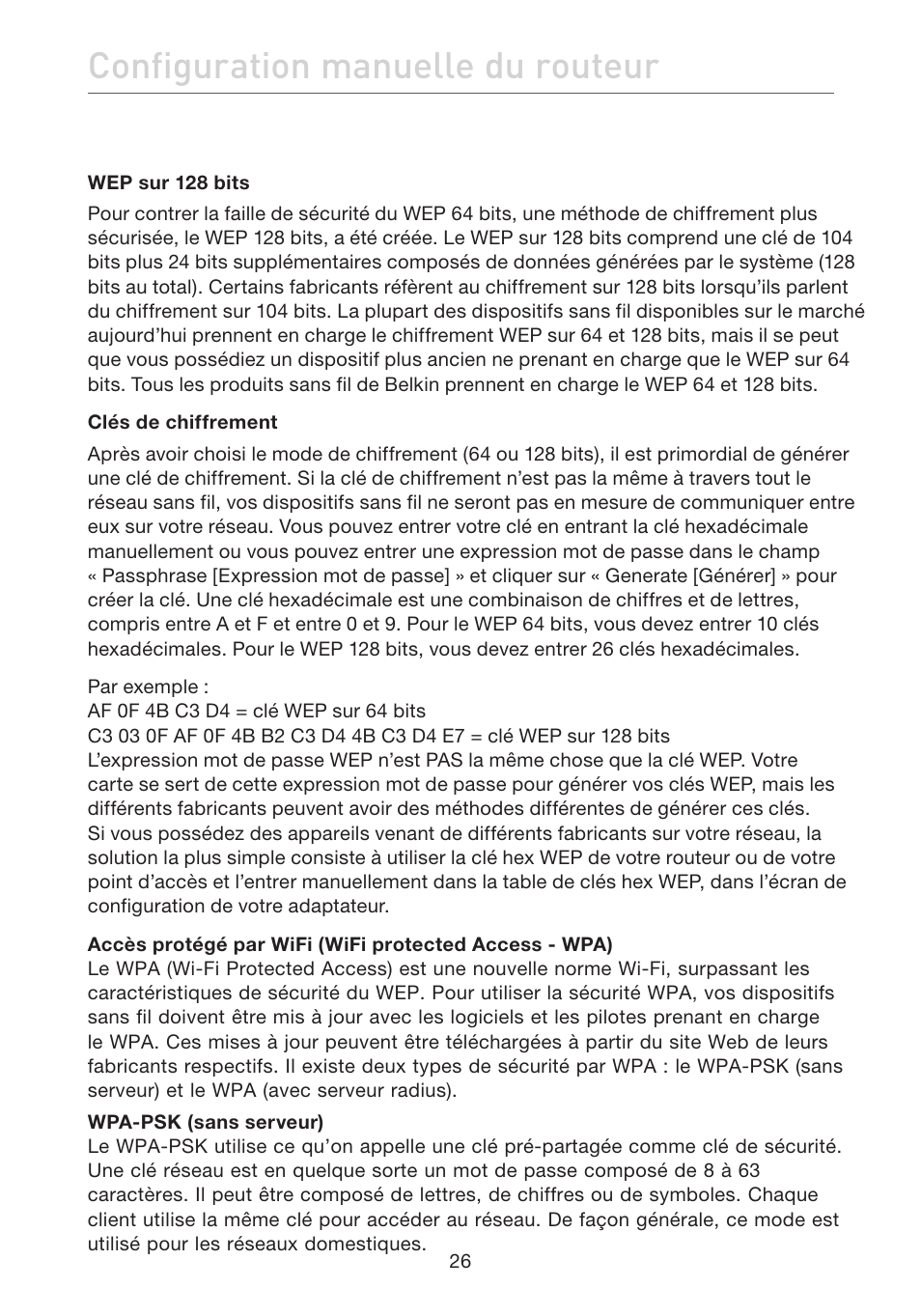 Configuration manuelle du routeur | Belkin F5D7632EA4A User Manual | Page 112 / 504