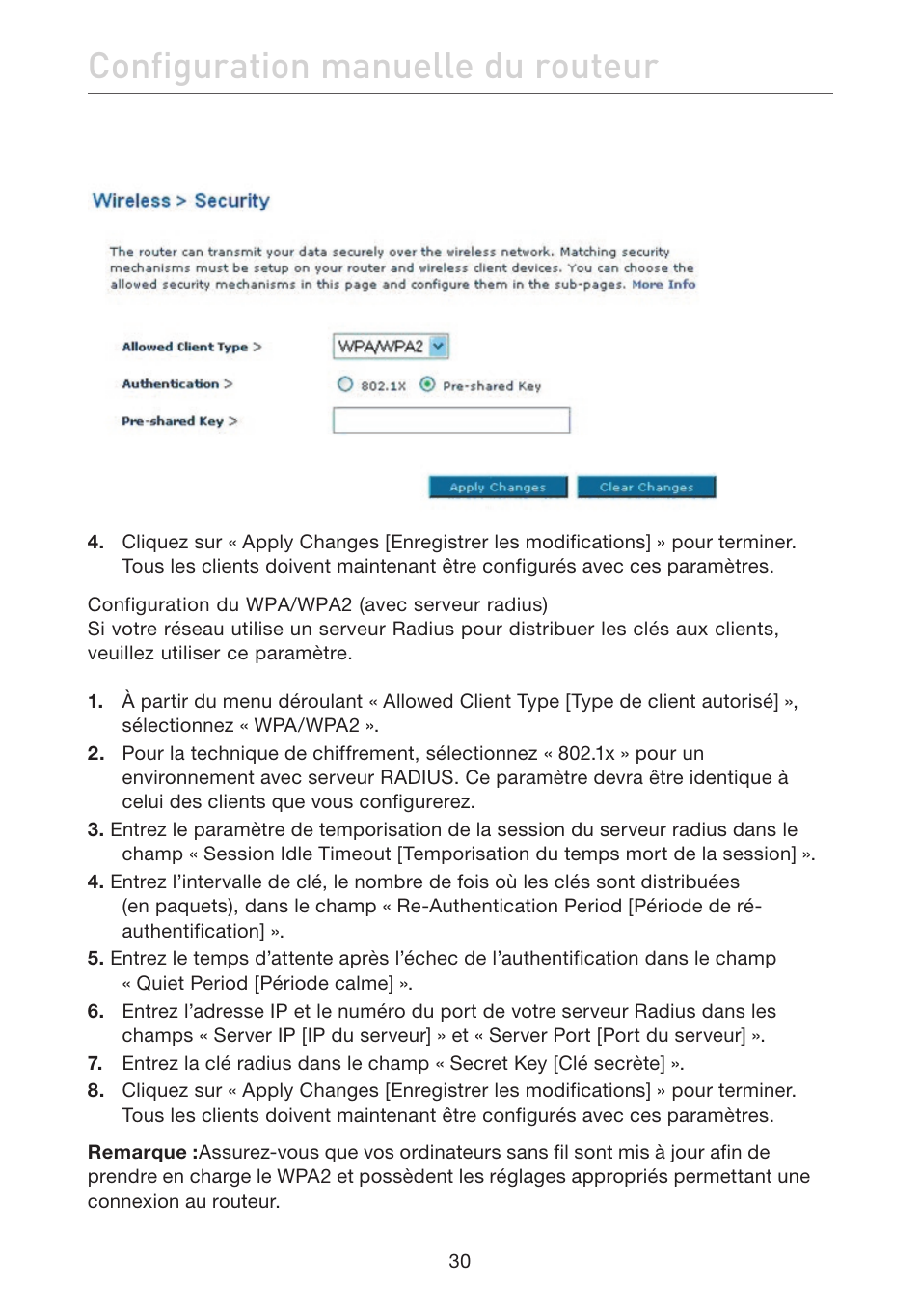 Configuration manuelle du routeur | Belkin F5D7632EA4A User Manual | Page 116 / 504
