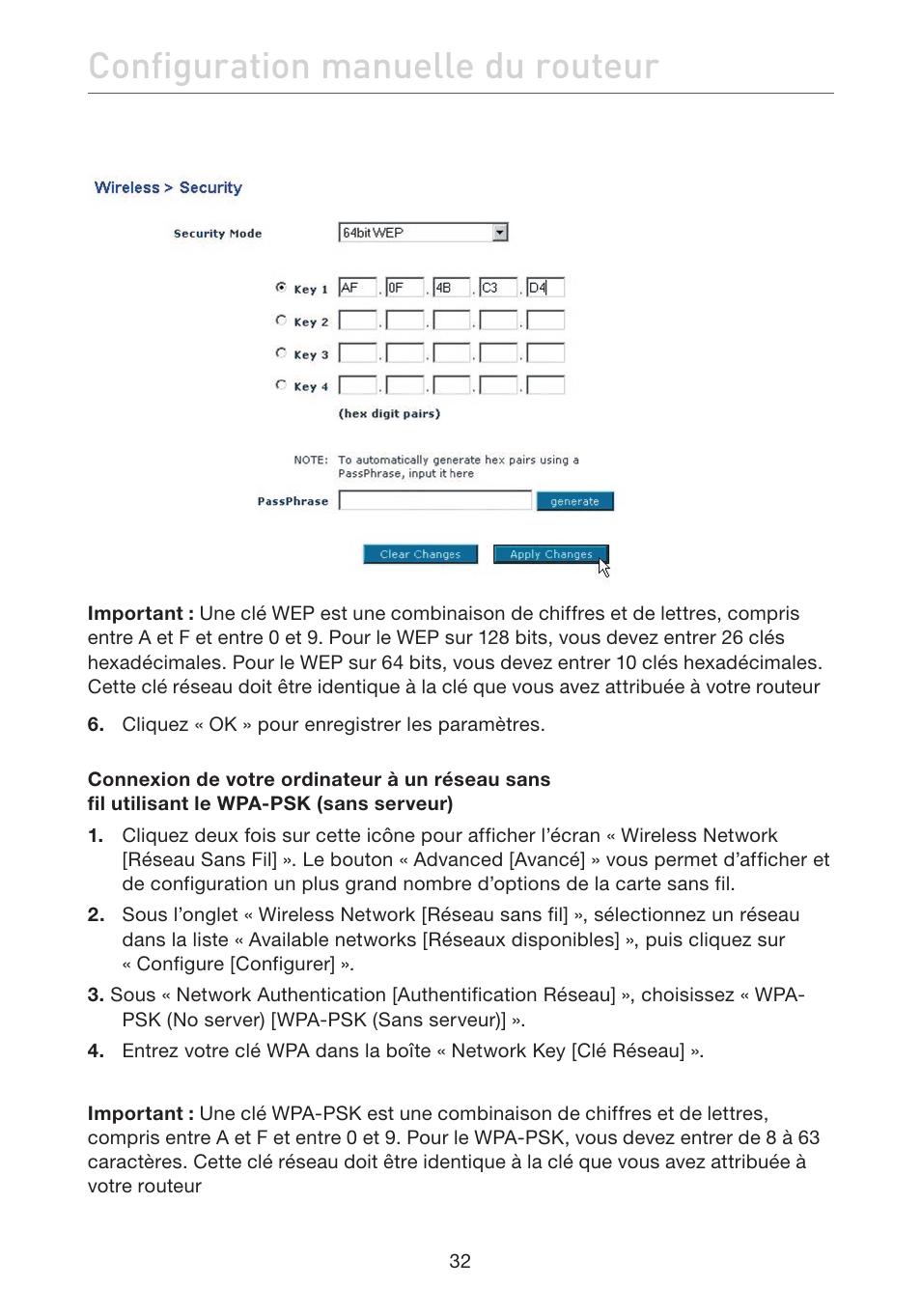 Configuration manuelle du routeur | Belkin F5D7632EA4A User Manual | Page 118 / 504