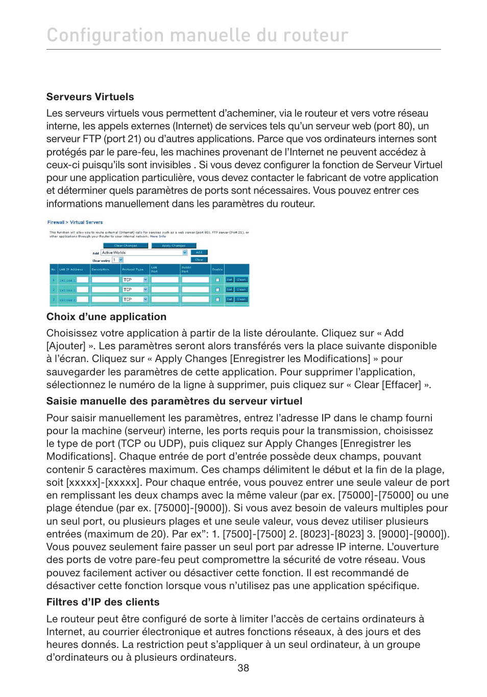 Configuration manuelle du routeur | Belkin F5D7632EA4A User Manual | Page 124 / 504