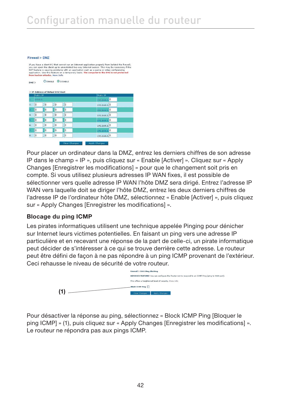 Configuration manuelle du routeur | Belkin F5D7632EA4A User Manual | Page 128 / 504