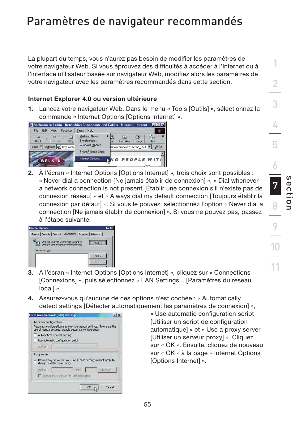 Paramètres de navigateur recommandés | Belkin F5D7632EA4A User Manual | Page 141 / 504