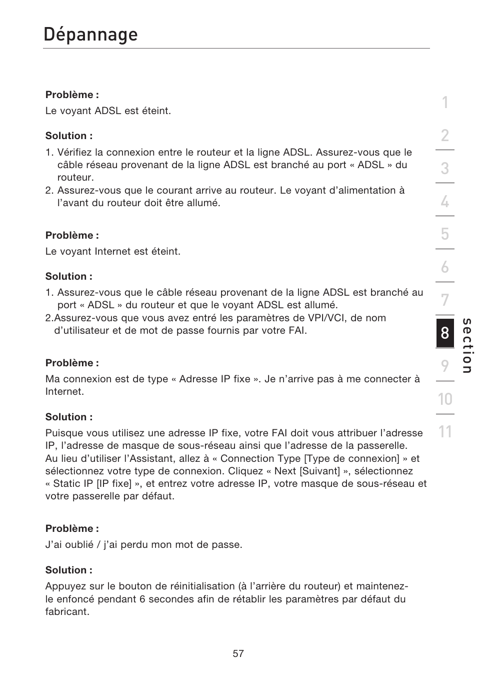 Dépannage, Se ct io n | Belkin F5D7632EA4A User Manual | Page 143 / 504