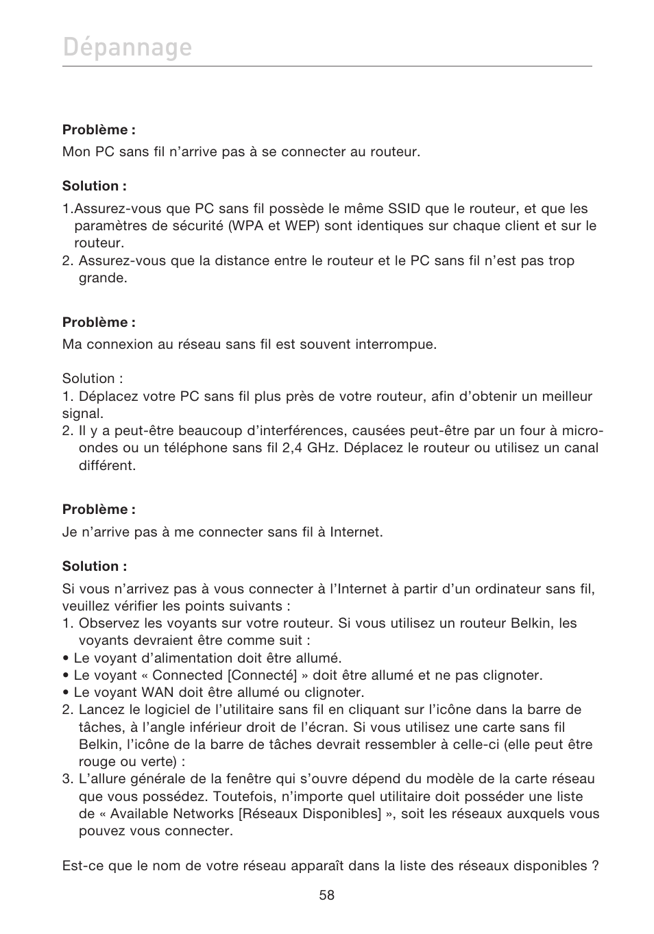 Dépannage | Belkin F5D7632EA4A User Manual | Page 144 / 504
