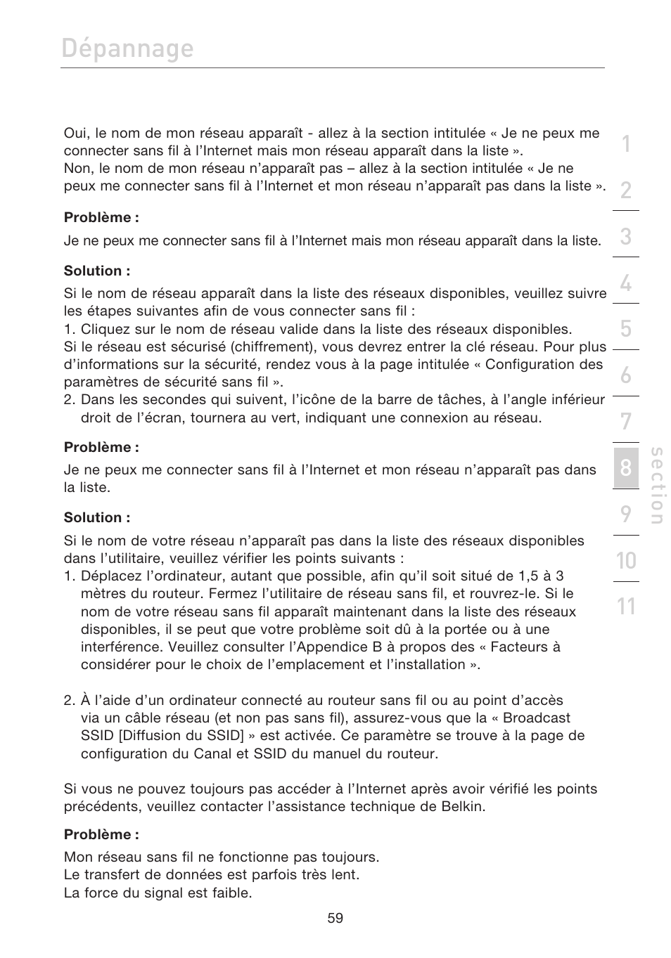 Dépannage | Belkin F5D7632EA4A User Manual | Page 145 / 504