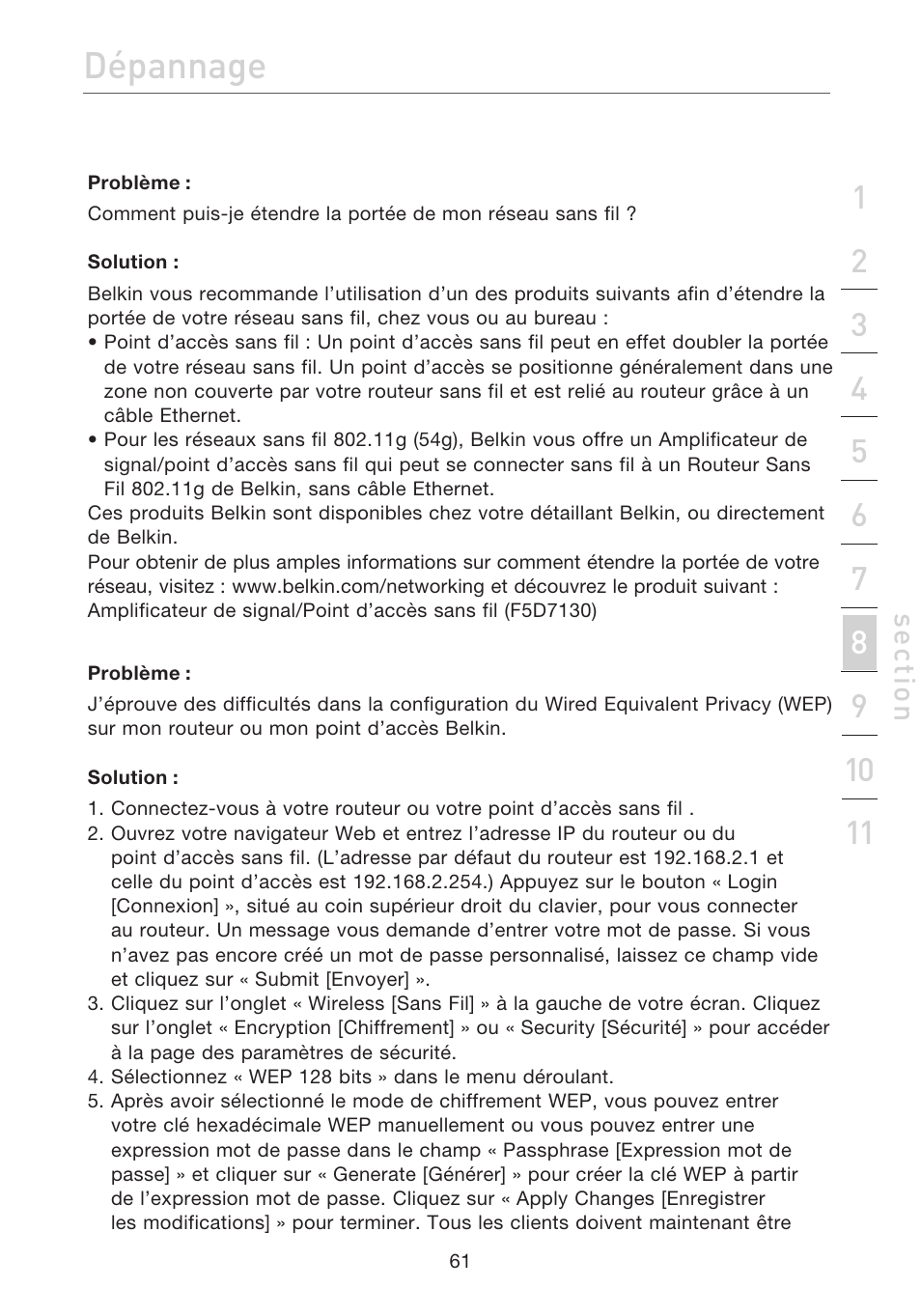 Dépannage, Se ct io n | Belkin F5D7632EA4A User Manual | Page 147 / 504