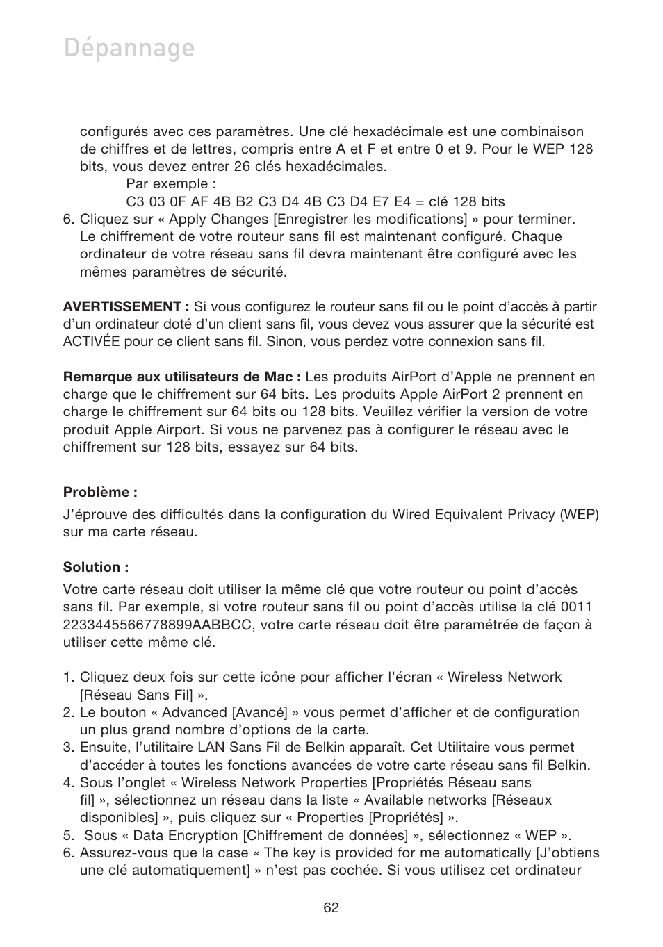 Dépannage | Belkin F5D7632EA4A User Manual | Page 148 / 504
