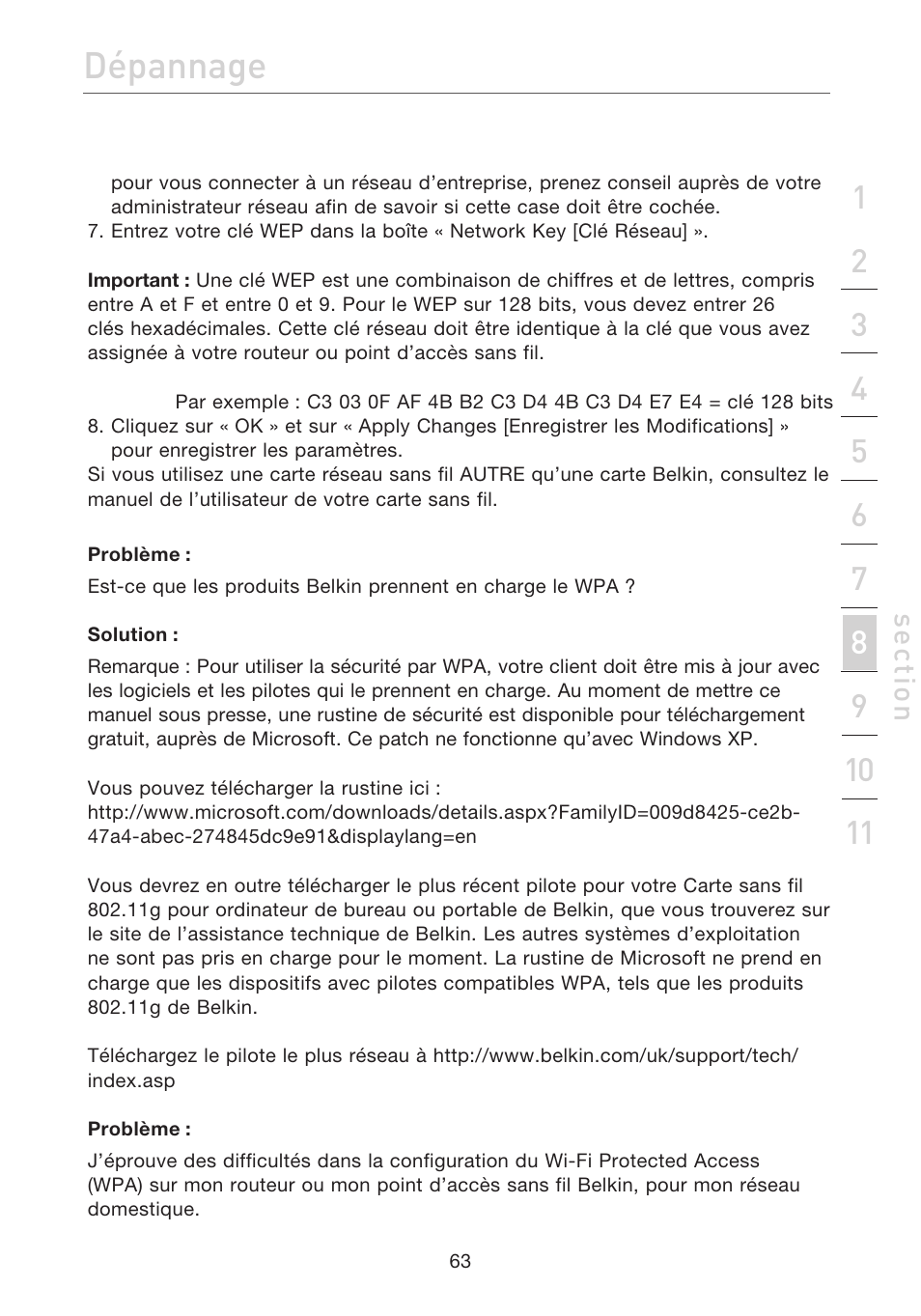 Dépannage, Se ct io n | Belkin F5D7632EA4A User Manual | Page 149 / 504