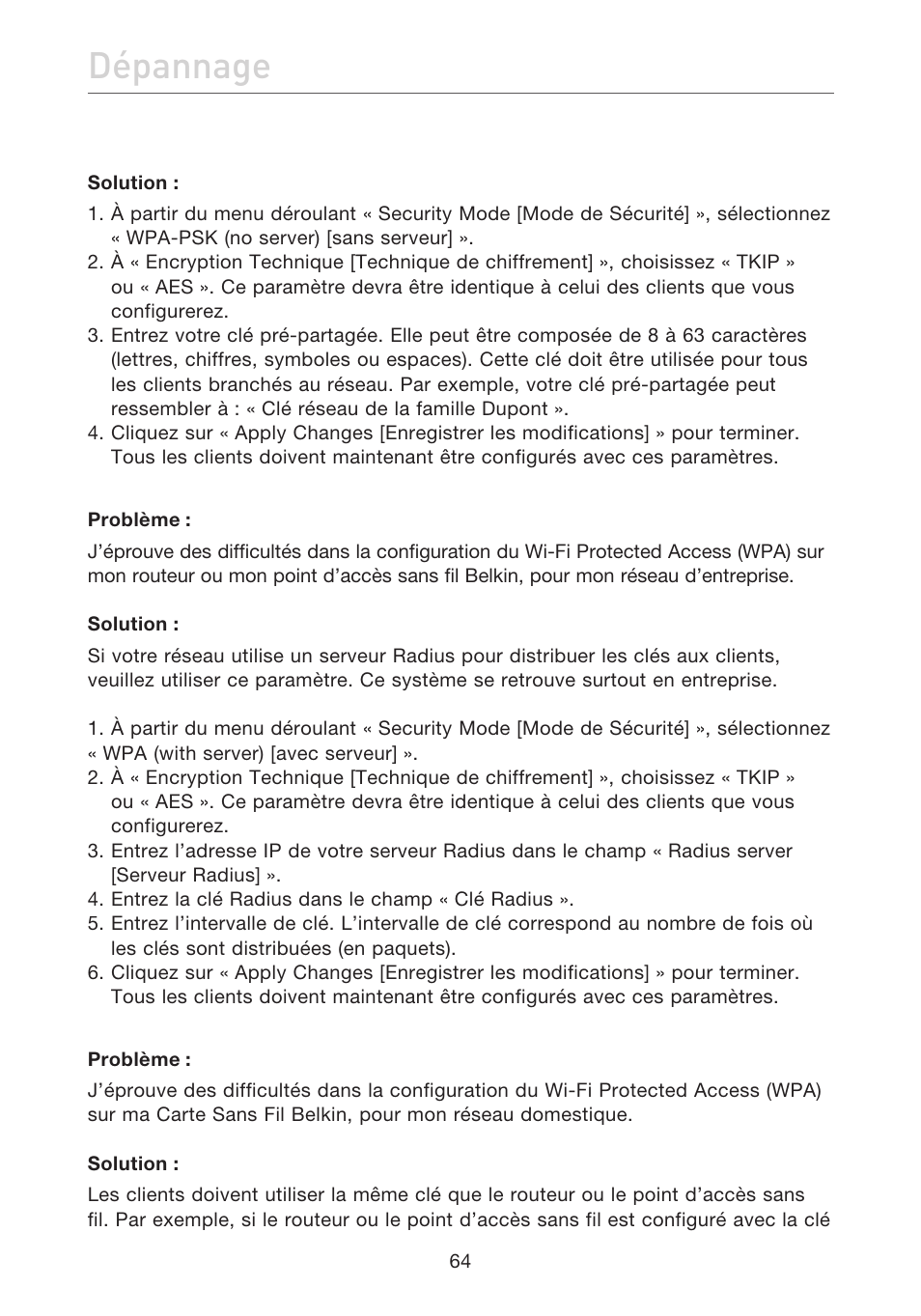 Dépannage | Belkin F5D7632EA4A User Manual | Page 150 / 504