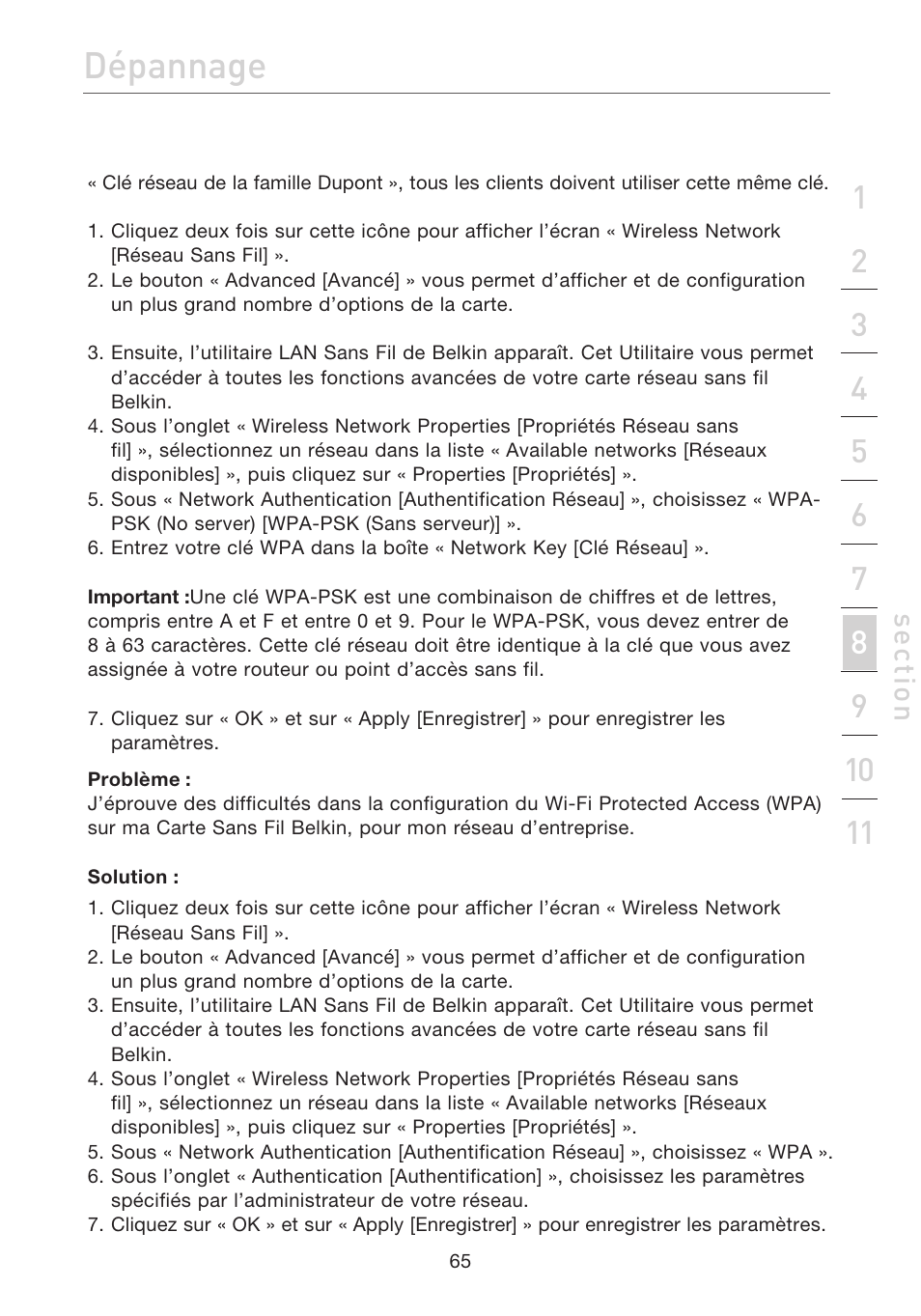 Dépannage, Se ct io n | Belkin F5D7632EA4A User Manual | Page 151 / 504