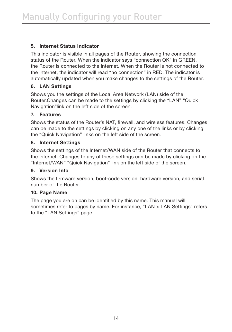 Manually configuring your router | Belkin F5D7632EA4A User Manual | Page 16 / 504