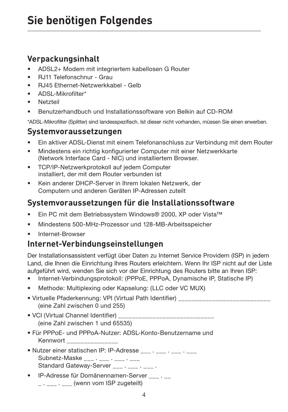 Sie benötigen folgendes, Verpackungsinhalt, Systemvoraussetzungen | Internet-verbindungseinstellungen | Belkin F5D7632EA4A User Manual | Page 174 / 504