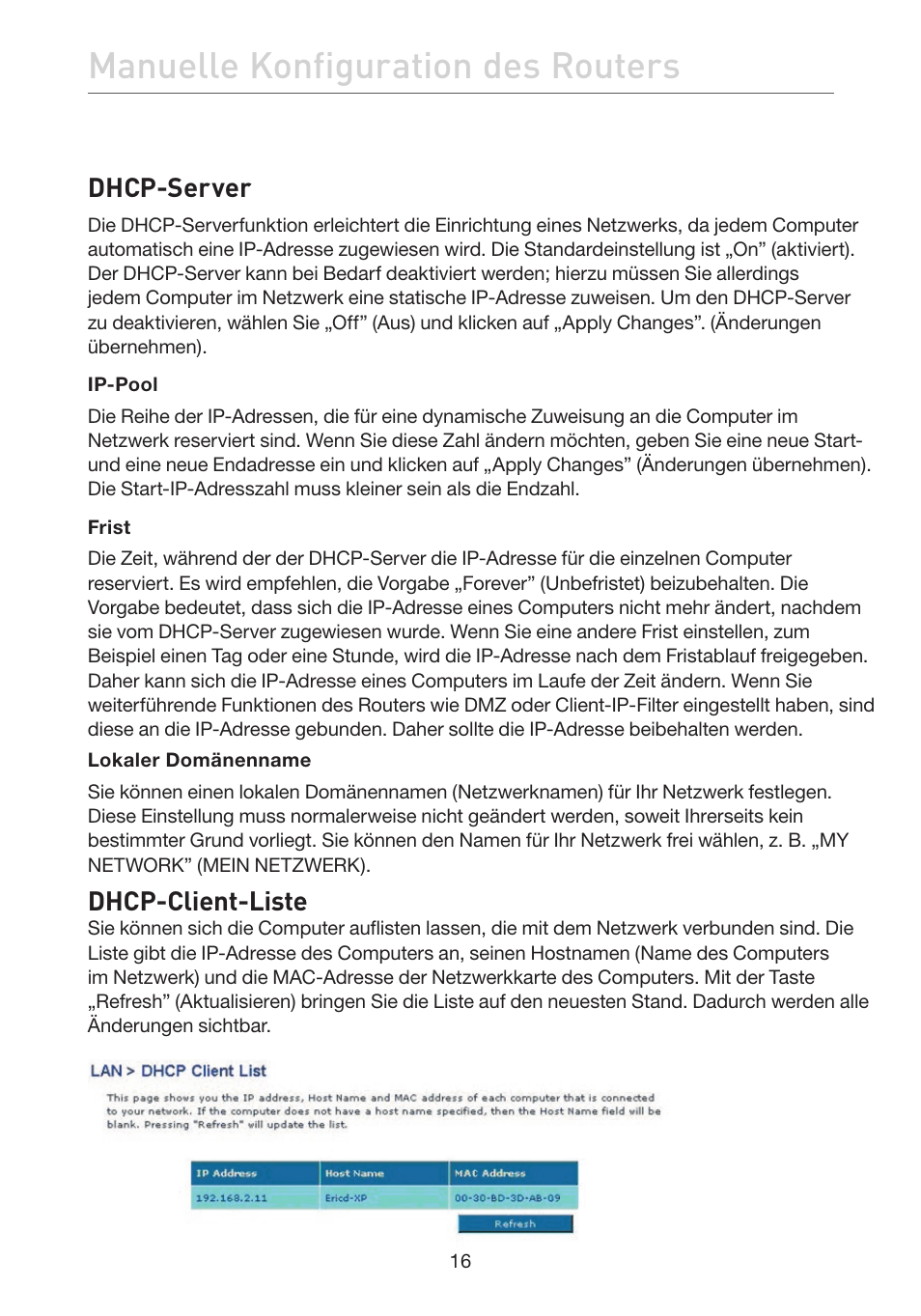 Manuelle konfiguration des routers, Dhcp-server, Dhcp-client-liste | Belkin F5D7632EA4A User Manual | Page 186 / 504