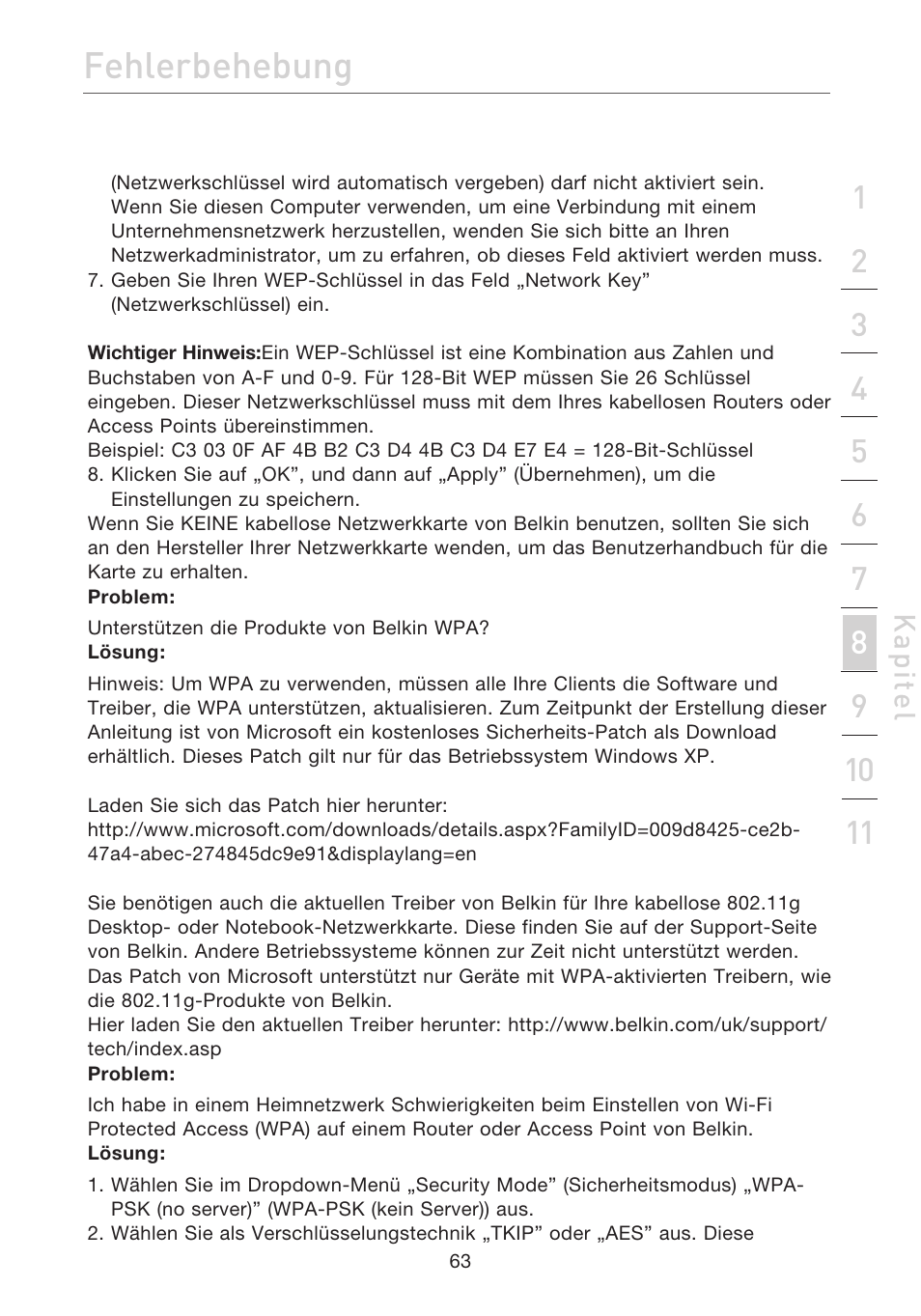 Fehlerbehebung | Belkin F5D7632EA4A User Manual | Page 233 / 504