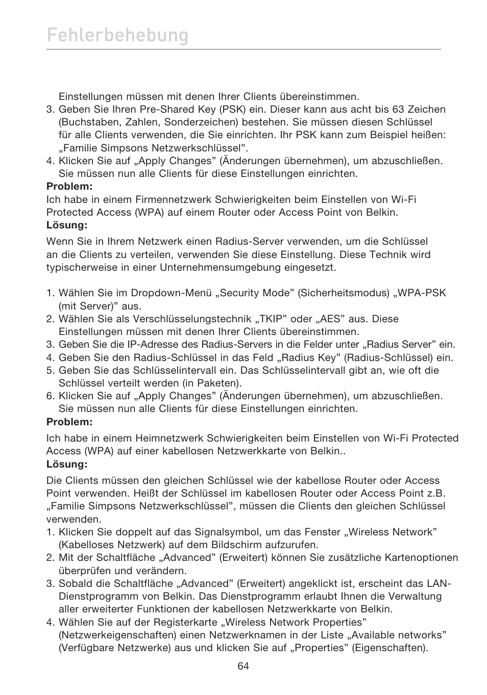 Fehlerbehebung | Belkin F5D7632EA4A User Manual | Page 234 / 504