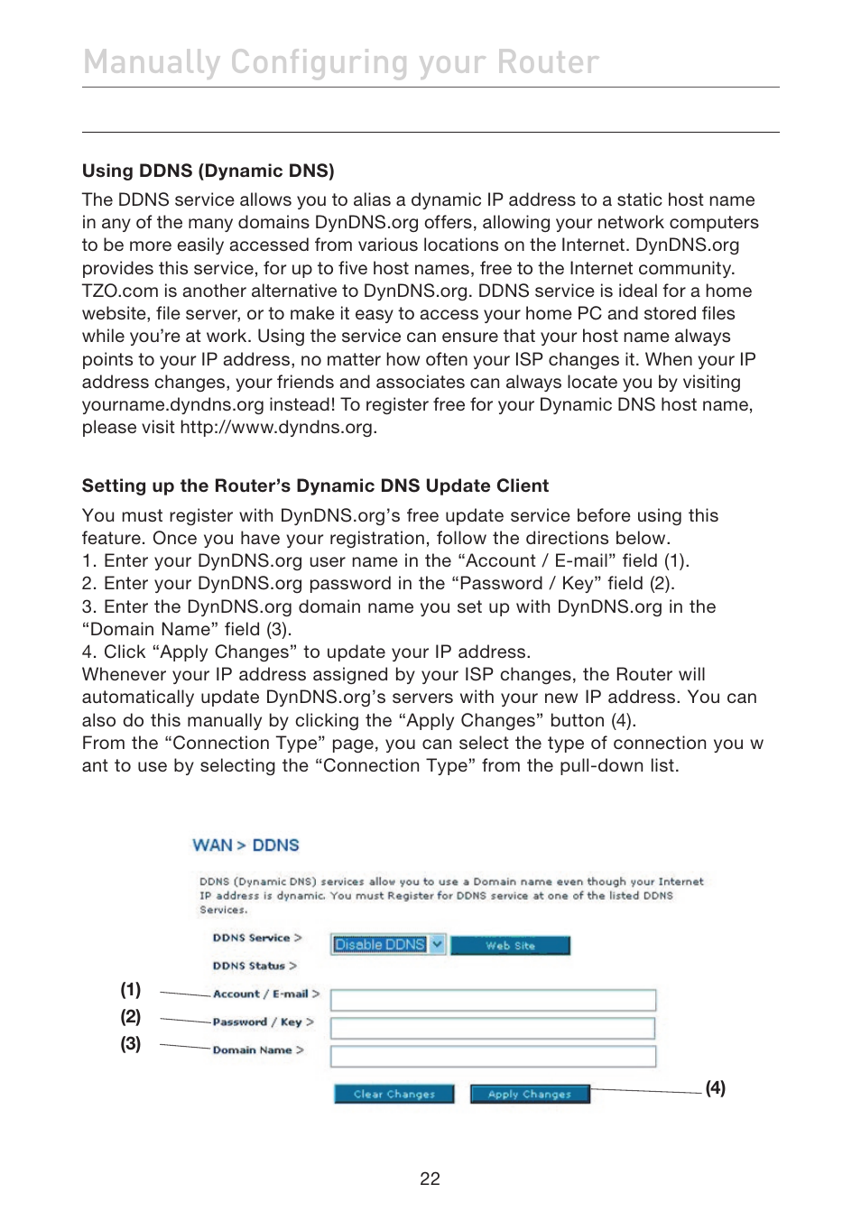 Manually configuring your router | Belkin F5D7632EA4A User Manual | Page 24 / 504