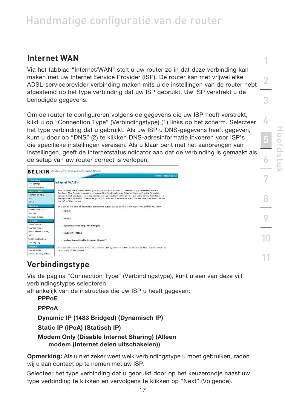 Handmatige configuratie van de router | Belkin F5D7632EA4A User Manual | Page 271 / 504
