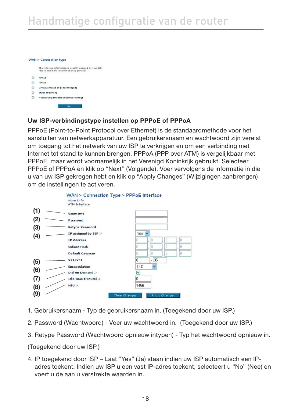 Handmatige configuratie van de router | Belkin F5D7632EA4A User Manual | Page 272 / 504