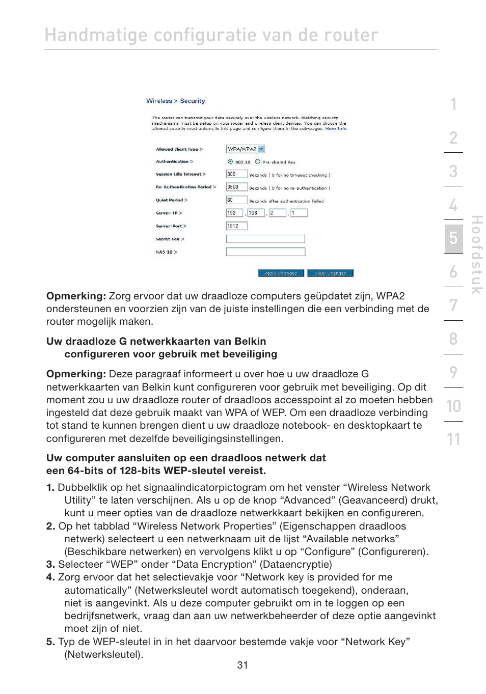 Handmatige configuratie van de router | Belkin F5D7632EA4A User Manual | Page 285 / 504