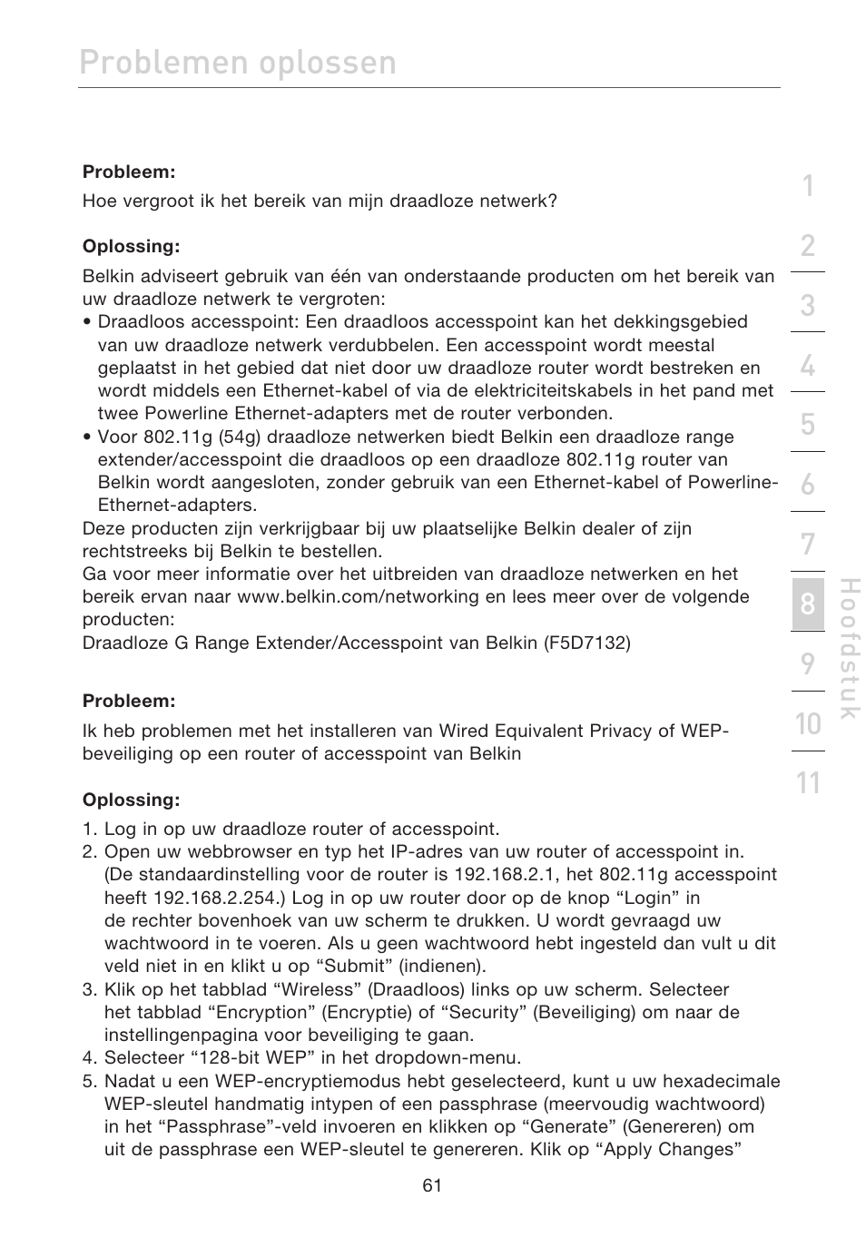 Problemen oplossen | Belkin F5D7632EA4A User Manual | Page 315 / 504