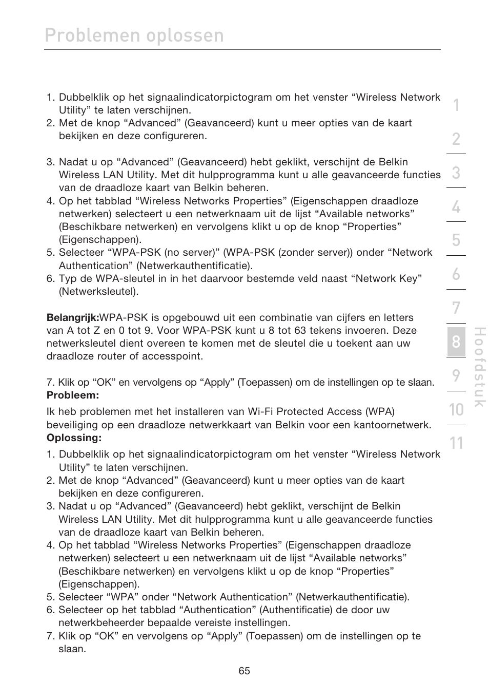 Problemen oplossen, Hoo fd st u k | Belkin F5D7632EA4A User Manual | Page 319 / 504