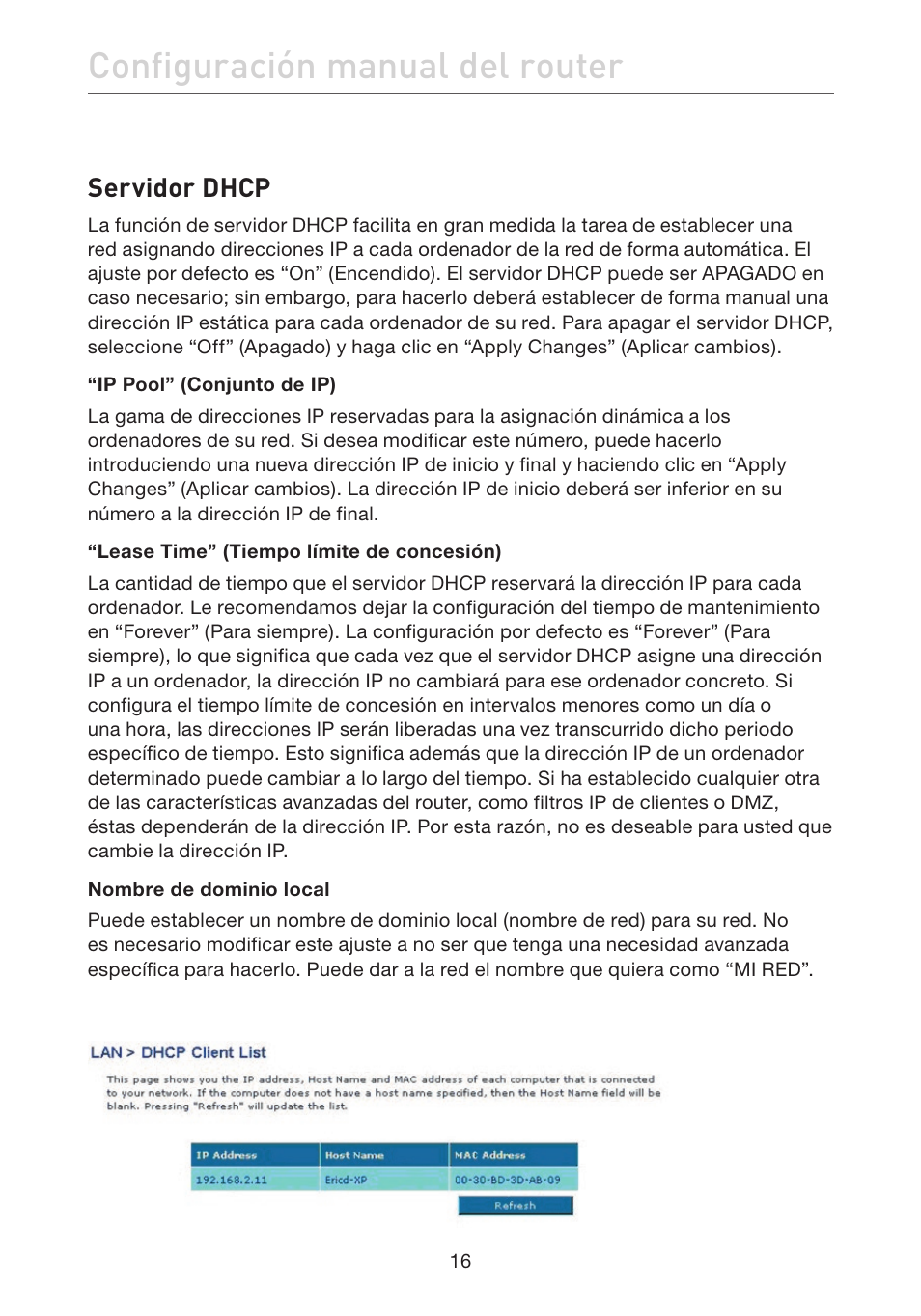 Configuración manual del router, Servidor dhcp | Belkin F5D7632EA4A User Manual | Page 354 / 504