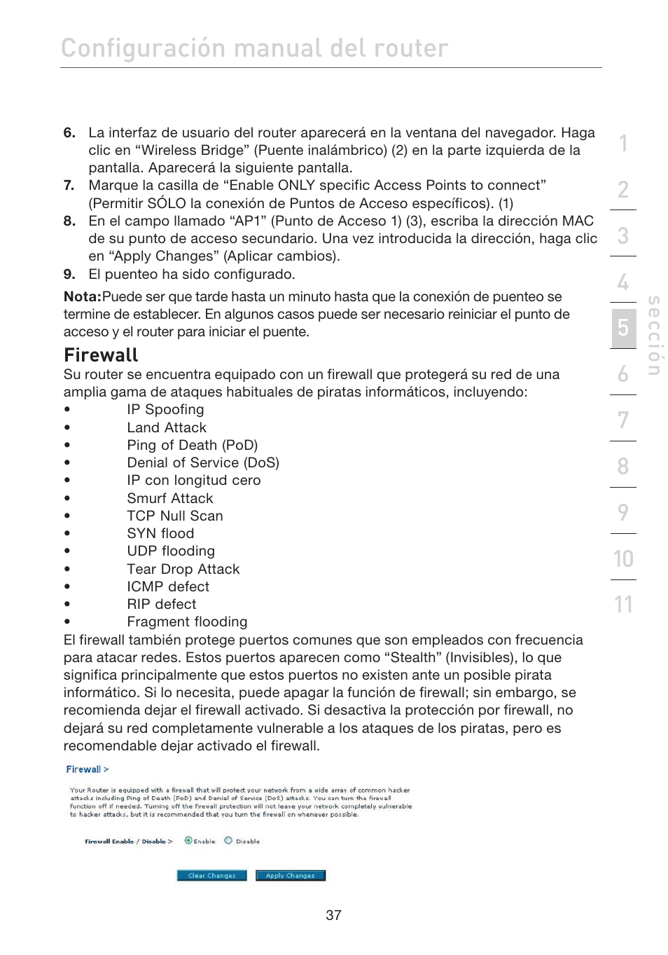 Configuración manual del router, Se cc ió n | Belkin F5D7632EA4A User Manual | Page 375 / 504