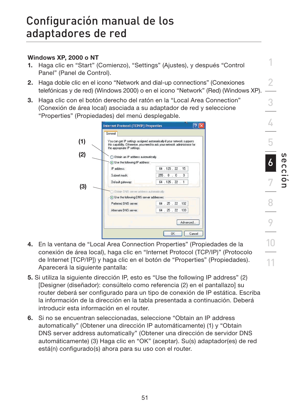 Configuración manual de los adaptadores de red, Se cc ió n | Belkin F5D7632EA4A User Manual | Page 389 / 504