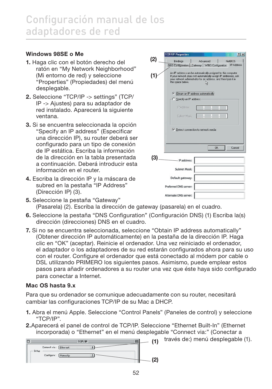 Configuración manual de los adaptadores de red | Belkin F5D7632EA4A User Manual | Page 390 / 504