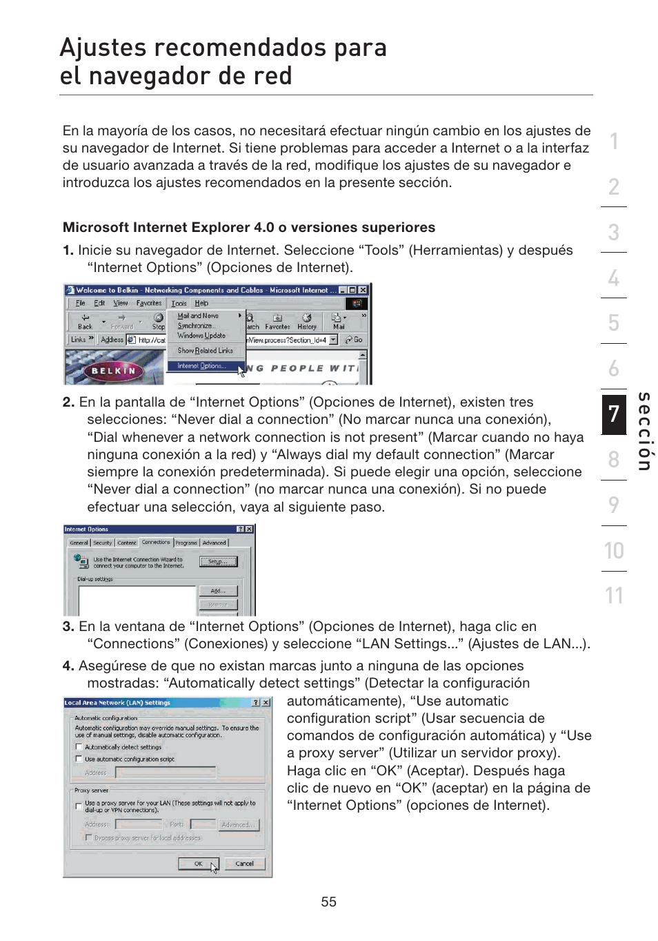 Ajustes recomendados para el navegador de red | Belkin F5D7632EA4A User Manual | Page 393 / 504