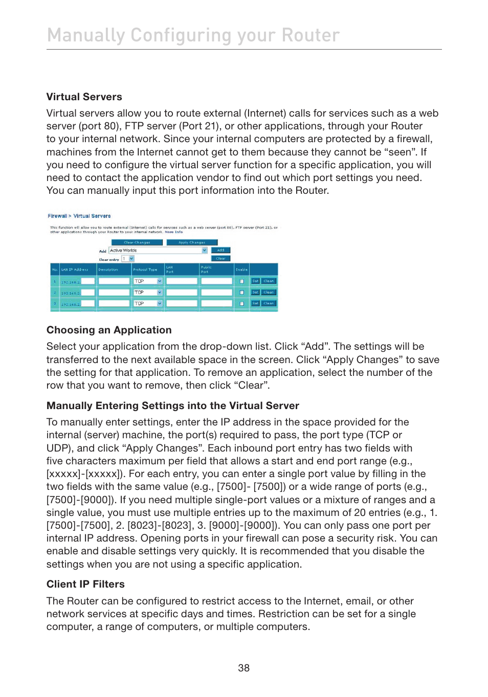 Manually configuring your router | Belkin F5D7632EA4A User Manual | Page 40 / 504