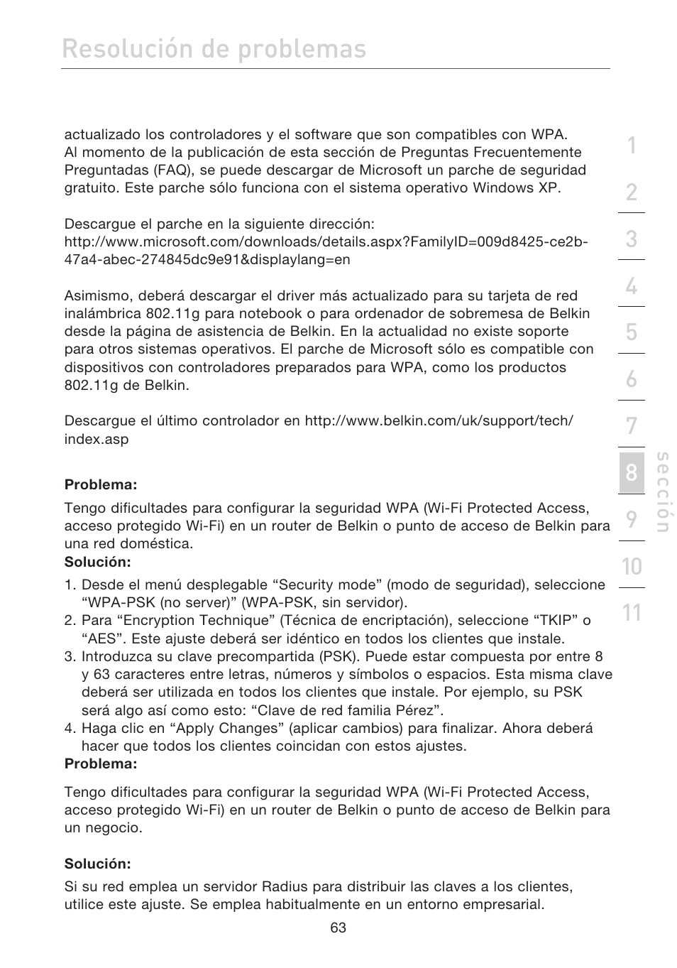 Resolución de problemas, Se cc ió n | Belkin F5D7632EA4A User Manual | Page 401 / 504